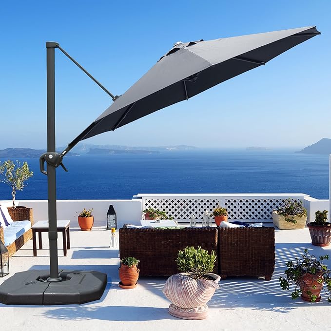Domi 10FT Cantilever Patio Umbrella, Aluminum Windproof Outdoor Umbrella with 360°Rotation, Round Offset Sun Shade Umbrella for Outside Deck Backyard Garden Pool, Grey