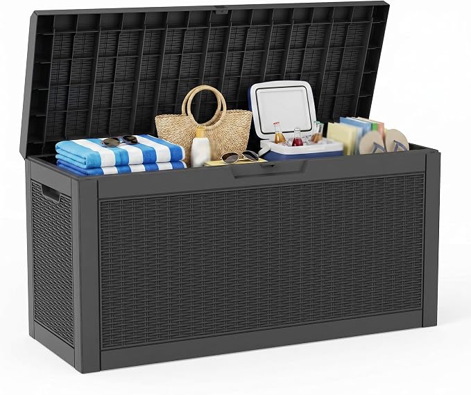 75 Gallon Outdoor Deck Storage Box, All Weather Rattan Textured Lockable Storage Bin for Poolside, Patio, Backyard Large Outdoor Storage (Black, 75GAL)