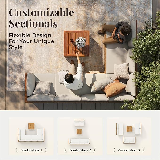 Wicker Outdoor Patio Furniture Set 7 Pieces Patio Chaise Longue Conversation Set, Rattan U-Shaped Sofa Couch with Acacia Wood Coffee Table for Deck Porch and Garden