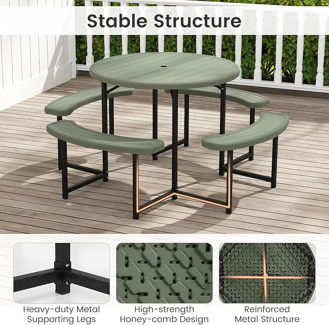 LDAILY Picnic Tables with Benches, Round Picnic Dining Table with 1520 lbs Capacity Metal Frame, HDPE Tabletop & Umbrella Hole, 8-Person Plastic Picnic Tables for Outdoors, Patio, Lawn, Yard (Green)