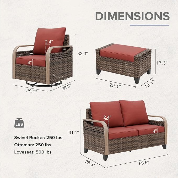 COOS BAY Modern Wicker Outdoor Furniture Set, 5 Piece Patio Conversation Set with 2 Swivel Rockers, a 3 Seat Couch and 2 Ottomans, 5 Piece, Brown/Red