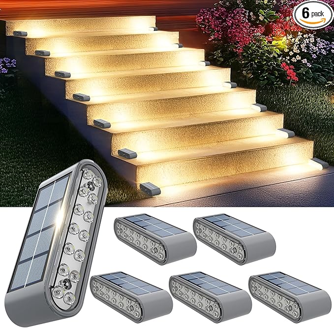 Solar Step Lights for Outside, 6-Pack Stair Light Outdoor Waterproof IP67, 14 LED Warm White Light Solar Powered Lighting for Steps, Stairs, Deck，Patio, Walkway, Front Porch Decor