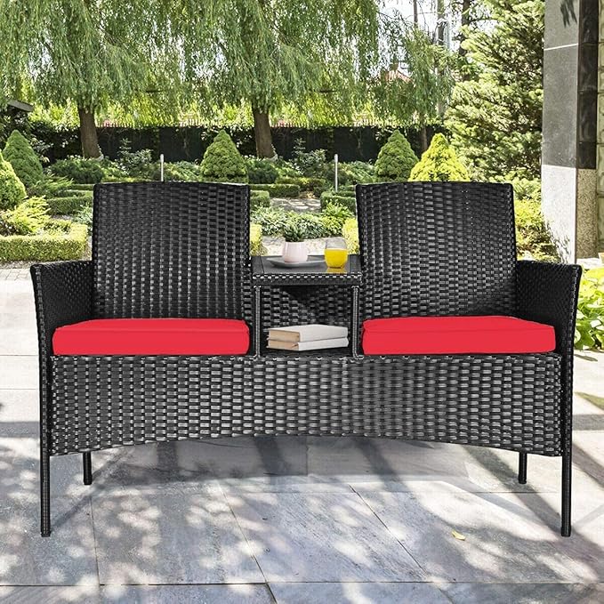 Patio Conversation Furniture Set, Outdoor Wicker Rattan Loveseat Sofa Set w/Tempered Glass Top, 2 Removable Cushions & Coffee Table, Ideal for Balcony/Garden/Lawn/Backyard, Red
