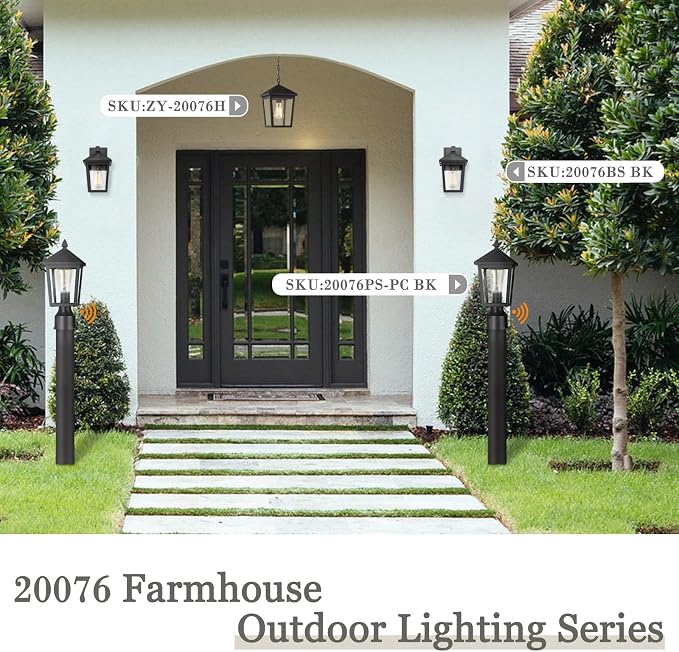 zeyu Dusk to Dawn Outdoor Post Light Fixture, 13.7-Inch Farmhouse Post Lantern Lamp Post for Patio, Clear Glass Shade and Black Finish, 20076PS-PC BK