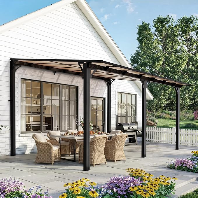 Pamapic 10x14FT Wall Mounted Gazebo, Hardtop Lean to Gazebo with Aluminum Frame & UV Resistant Polycarbonate Roof, Outdoor Patio Awning for Deck, Porch, Lawn & Backyard