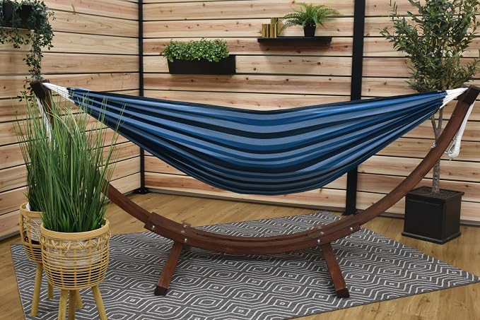 Vivere Double Cotton Hammock with Solid Pine Arc Stand - 450 lb Capacity, Durable FSC Wood Frame, Comfortable 87 Bed, Includes Hardware & User Guide (Blue Lagoon)
