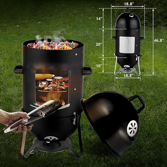 46.8" Vertical Steel Charcoal Smoker Grill,Heavy Duty BBQ Grills,Outdoor Camping Backyard Barbecue Grill,Metal Barbecue Smokers,with Thermometer,for Patio Garden Beach Porch Lawn Yard (Black)