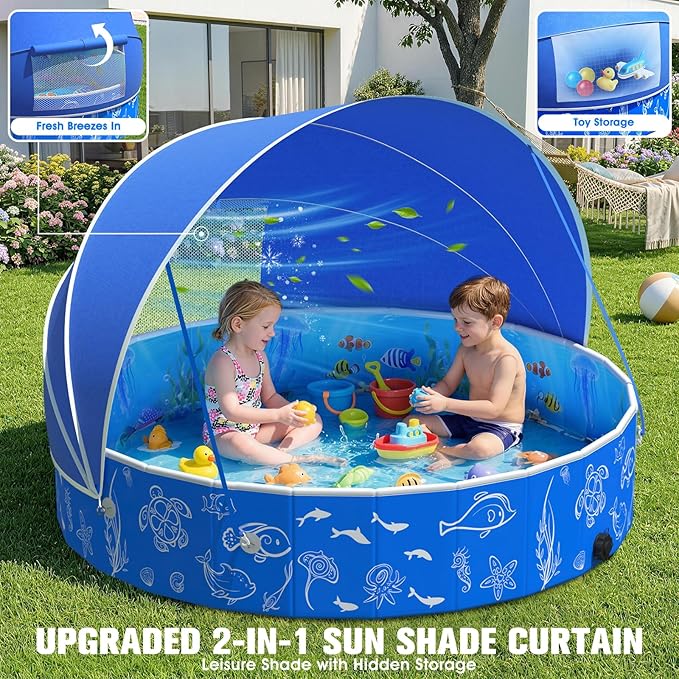 StarOcean 2026 Kiddie Pool with Canopy,Baby Swimming Pool for Toddler,Foldable kiddie pool with Shade,Portable Kids Pool for Backyard,Plastic Kiddie Pool with Sun Shade,Pop up Baby Pool for Beach-51‘’
