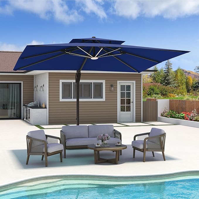 10x13 FT Cantilever Patio Umbrella with Base and Led Lights Double Top Outdoor Rectangular Large Heavy Duty Aluminum Offset Umbrellas with 7 Level Tilt 360-degree Rotation for Pool Garden Deck, Navy