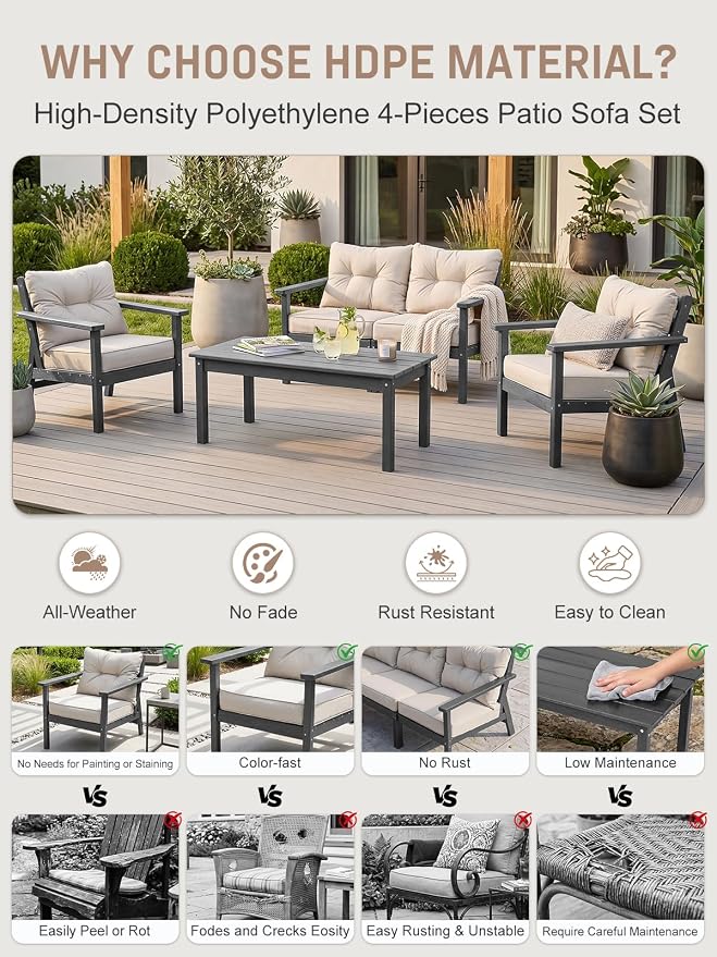 HDPE Patio Conversation Set 8 Seats, Outdoor Furniture Set, Patio Sofa Set | Water-Resistant Thick Cushion, HDPE All Weather, Wood-Grain, No Rot or Rust or Crack, UV Fade Shield, Easy-Clean for Outside