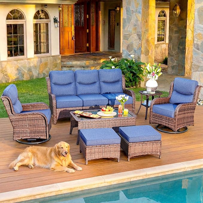 HILLGA Luxury Patio Furniture Set with 6-inch Thick Cushion, Outdoor Couch and High Back Swivel Rocker Patio Chairs, 7PCS Wicker Conversation Set for Deck Yard and Poolside, Blue (V2)