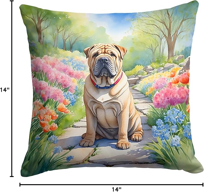 Caroline's Treasures Shar Pei Spring Path Throw Pillow Machine Washable, Indoor Outdoor Decorative Pillow for Couch, Bed or Patio, 14Hx14W