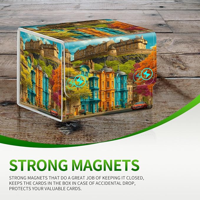 Card Deck Box for MTG, Cards Storage Box Fits 120+ Sleeved, Leather Small Size Strong Magnetic Closing Card Case for Board Games Magic TCG CCG Baseball Collection, Castle Maple Tree