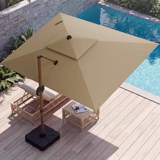10x13 FT Wood Pattern Patio Umbrella, Large Deluxe Cantilever Rectangular Double Top Heavy Duty Offset Umbrellas with 360° Rotation, Outdoor shade for Garden Deck Pool Patio, Tan
