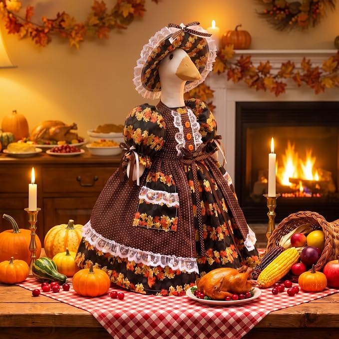Suzile Fall Maple Porch Goose Outfit Autumn Goose Clothes for 23 in Cement or Plastic Geese Costume for Yard Lawn Outdoor Garden Patio Duck Dresses Statue Autumn Harvest Thanksgiving Party Decor