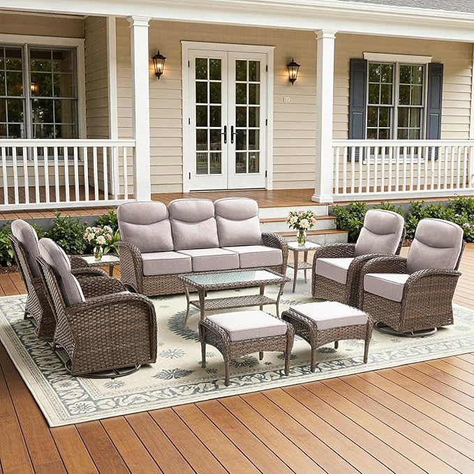 10-Piece Luxury Patio Furniture Set with 6-Inch Thick Cushions, High-Back Outdoor 4 Swivel Rocking Chairs with Wicker Coffee Table, All-Weather Conversation Set for Porch, Deck, Yard Beige