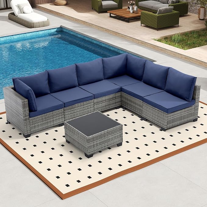 Bonzy Home 7 Pieces Outdoor Patio Furniture Set, PE Rattan Outdoor Sectional Furniture Sofa Set with Removable Cover and Glass Coffee Table, Patio Sofa for Balcony, Porch, Garden, (Grey-Navy Blue)
