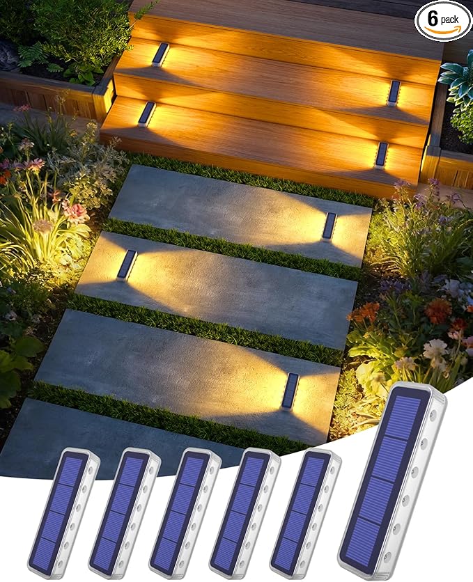 DetarZinLED Solar Step Lights for Outside 6 Pack, 12 LEDs 2-Sided Illumination Solar Stair Lights Outdoor IP68 Waterproof,Auto On/Off Deck Lights Solar Powered for Patio,Yard,Path,Walkway (Warm White)