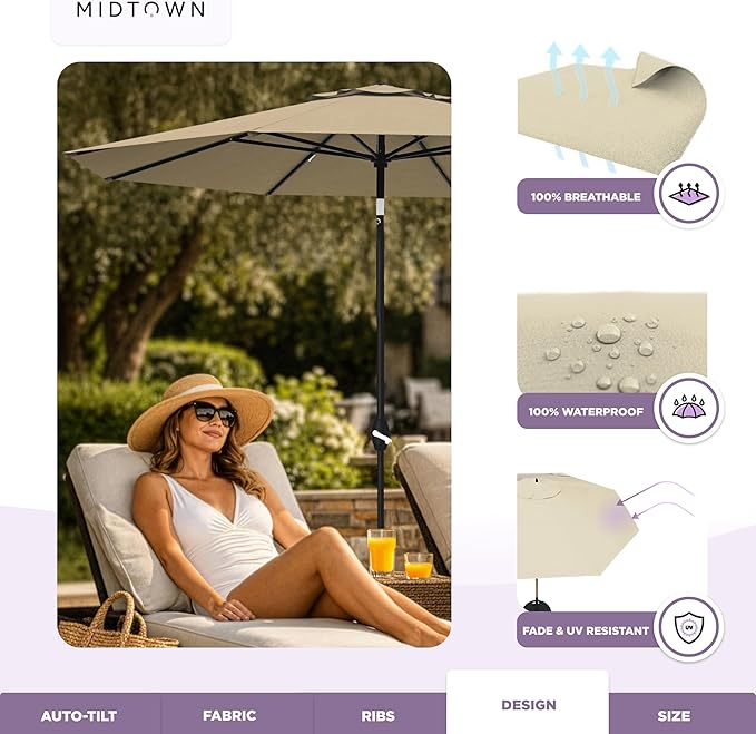 Midtown Umbrellas - The Lean 8 Ft Patio Umbrella with Fade-Resistant Sunbrella Fabric, Auto-Tilt Aluminum Frame and 8 Reinforced Ribs for Deck, Pool & Garden - Antique Beige Canopy, Black Pole