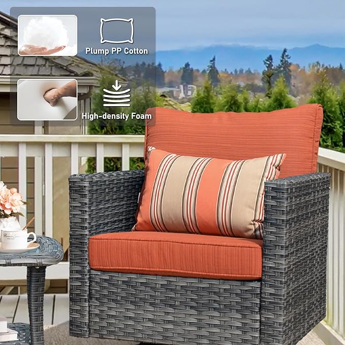 HOOOWOOO Wicker Outdoor Swivel Bistro Set for 2,3 Piece Patio Rocking Chairs and Table,All Weather Resistant Outside Out Door Rattan Rockers Furniture Set,Orange Red