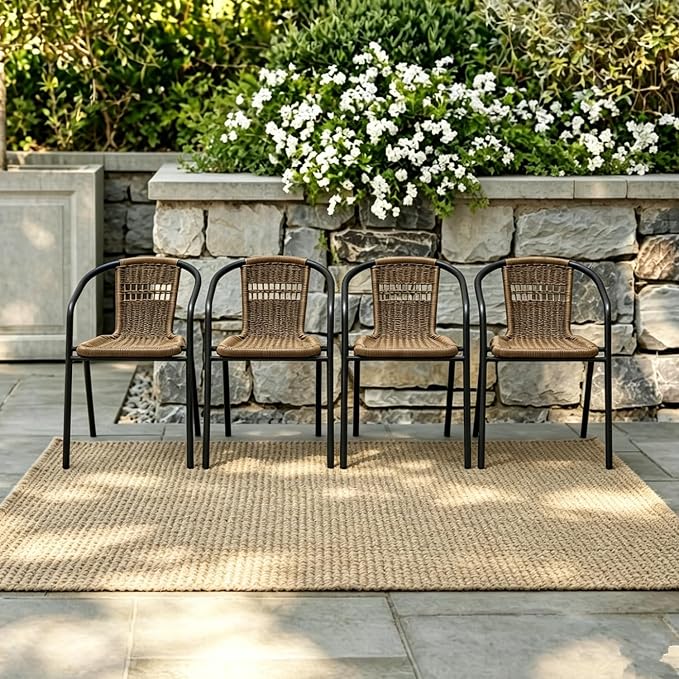 4 Piece Patio Chairs Set, Stackable Outdoor Rattan Chairs, Weatherproof Wicker Patio Seating for Balcony, Porch, Lawn, Small Patio Furniture Set for Backyard, Garden, Poolside, Brown