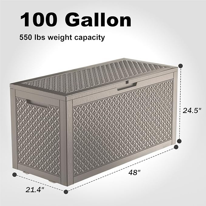 New 121 Gallon Outdoor Storage Box, Resin Deck Boxes Waterproof, Indoor Outdoor Bin for Package Delivery, Patio Cushions, Gardening Tools, Lockable, UV Resistant