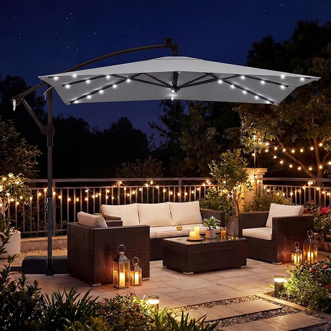 Tangkula 8x8 FT Solar Patio Umbrella with Base Included, Square Offset Cantilever Outdoor Umbrella with 360 Degree Rotation, 32 LED Lights, Crank Handle, 2 Sandbags, 8 Ribs, Air Vent for Pool Deck Garden Backyard