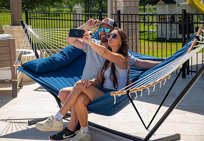SUPERJARE Curved-Bar Hammock with Stand, 2 Person Heavy Duty Hammock Frame, Detachable Pillow & Portable Carrying Bag, Perfect for Outdoor & Indoor, Navy Blue