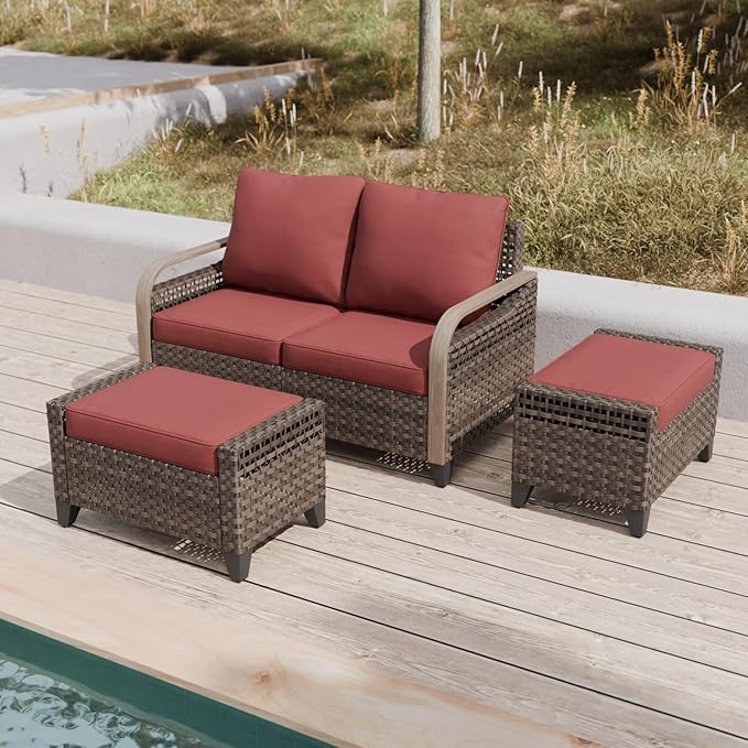 COOS BAY Modern Wicker Outdoor Furniture Set, 3 Piece Patio Conversation Set with a Loveseat and 2 Ottomans, 3 Piece, Brown/Red