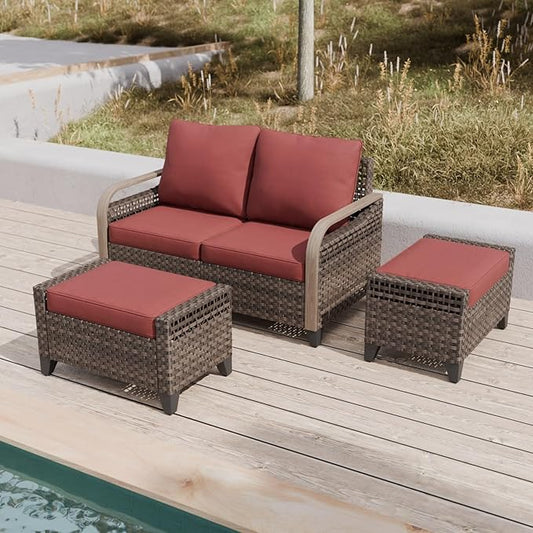 COOS BAY Modern Wicker Outdoor Furniture Set, 3 Piece Patio Conversation Set with a Loveseat and 2 Ottomans, 3 Piece, Brown/Red