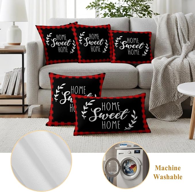 Home Sweet Home Waterproof Outdoor Pillow Covers Set of 2 Home Decor, Leaves Red Buffalo Plaid Lumbar Pillowcase Patio Pillow Covers for Couch Bench Patio Furniture Garden 20x12in