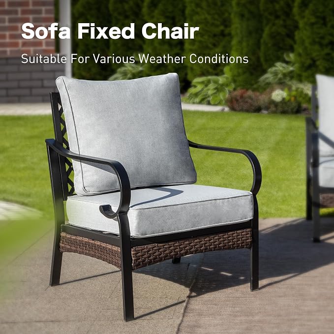 SUNSHINE VALLEY 6 Piece Black Metal Outdoor Patio Furniture Sets with Firepit Table, Patio Conversation Sets 1 3-Seater Sofa, 4 Single Sofa with 5.75" Cushion Backyard Furniture for Deck, Light Gray