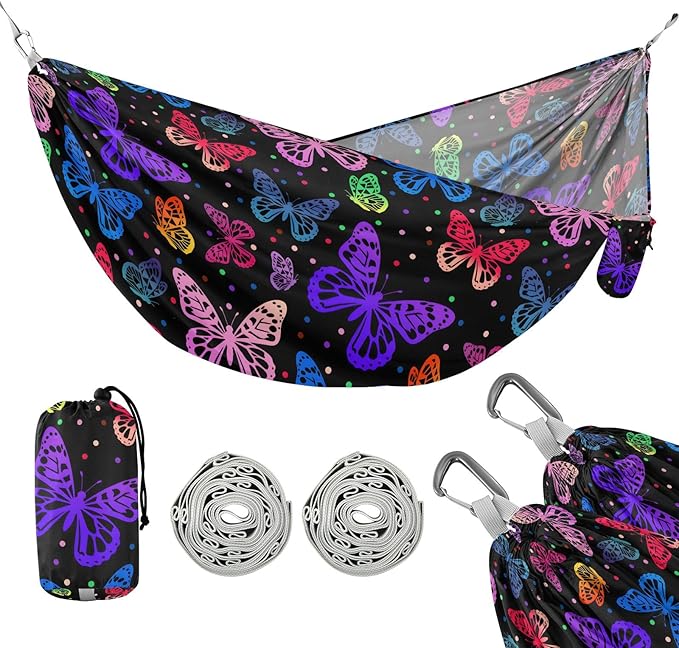Camping Hammock Outdoor Hammocks for Outside Rainbow Butterfly Black Beach Trees Portable Lightweight with Pockets Tree Straps Indoor