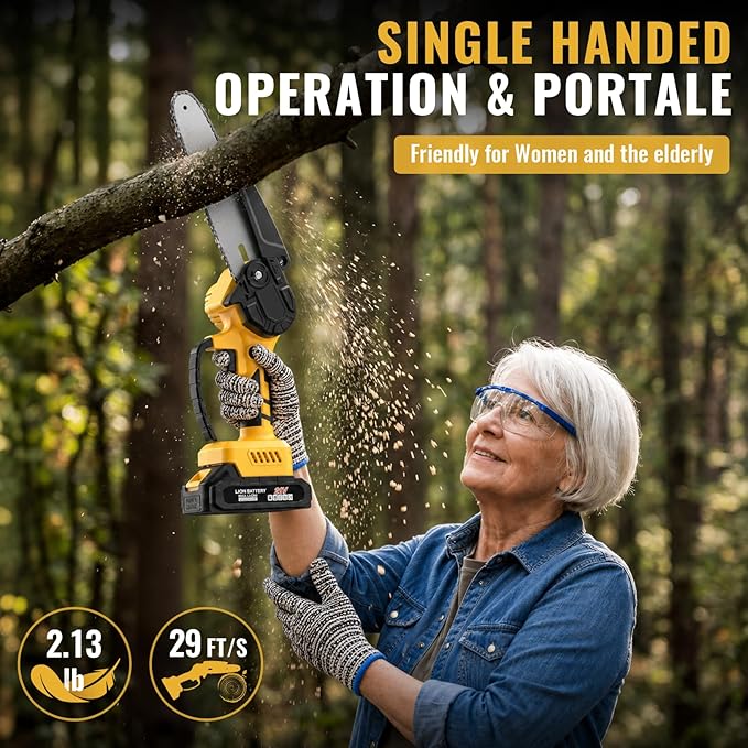 Mini Chainsaw Cordless,6-inch Electric Chain Saw with 2 Lithium Battery Powered,Hand Held Saw for Tree Trimming and Wood Cutting,Best Garden Tools,Unique Gift for boyfriend,father,Men,Yellow