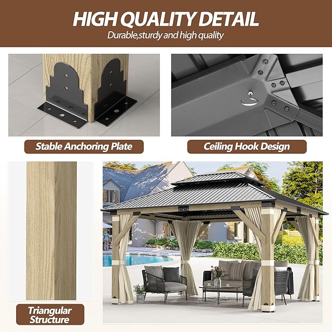 13'x15' Wood Gazebo,Outdoor Hardtop Gazebo with Galvanized Steel Double Roof, Wooden Frame Gazebos with Netting and Curtains for Patio Backyard Deck