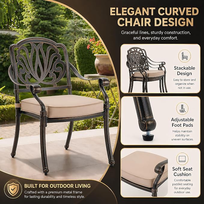 9-Piece Cast Aluminum Outdoor Dining Set Retro Patio Dining Set for 8 Includes 86.6’’ Rectangular Table and 8 Chairs with Removable Cushion and Umbrella Hole for Patio Deck Garden Porch