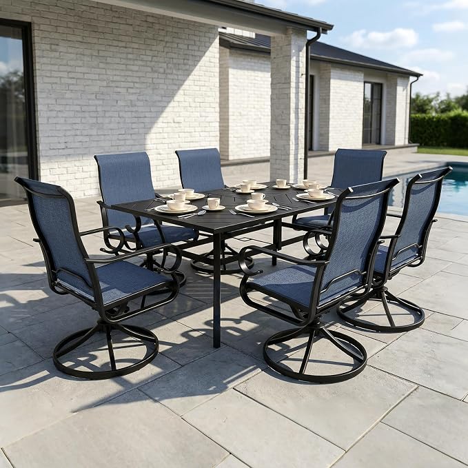 NUU GARDEN 7-Piece Outdoor Dining Set, Outdoor Table and Chair Set with Umbrella Hole, Padded Textilene Dining Table Set, All Weather Outdoor Table and Chairs for 6, Swivel Design, Blue