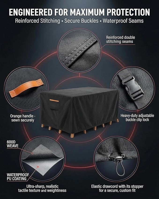 Outdoor Patio Furniture Cover Rectangular, Heavy Duty 600D Waterproof Cover for Table & Chair Set, Windproof,UV Resistant, All-Season Protection for Backyard,Deck & Garden,136" L x 74" W x 28" H,Black