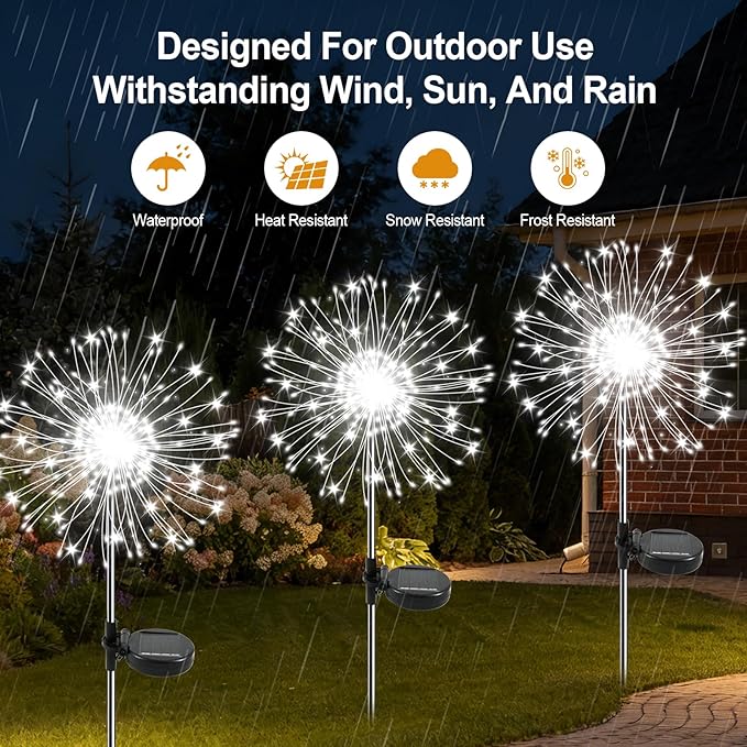 Solar Garden Lights Outdoor, 4 Pack 120 LED Twinkling Firework Lights Decorative with 2 Modes, Outdoor Waterproof Solar Starburst Light for Yard Pathway Planter Patio Decor, White