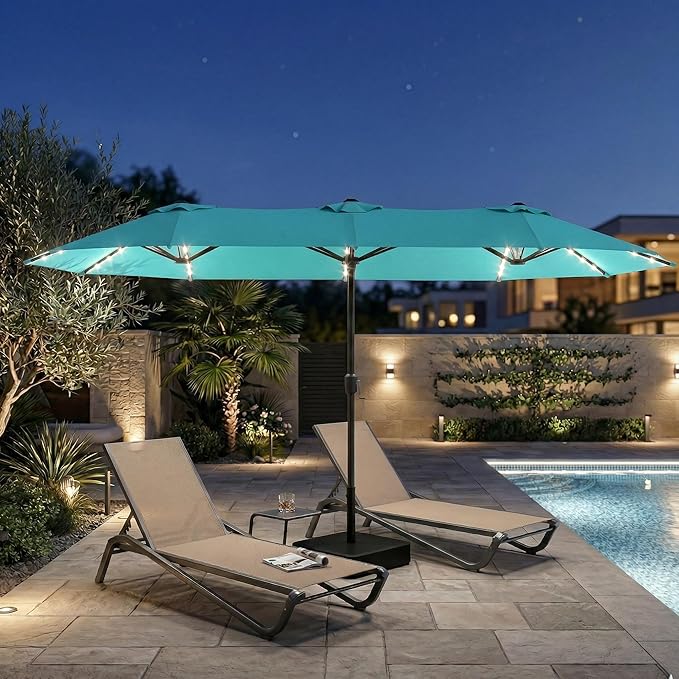 15FT Large Outdoor Patio Umbrella with Solar Lights and Base, Double-Sided Table Umbrellas with 48 LED Lights, Rectangle Market Umbrella for Pool, Deck, Backyard