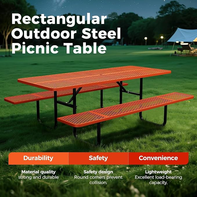 72" Coated Round Metal Picnic Table for 4-6 Person, Durable Heavy Duty Commercial Picnic Table with Umbrella Hole for Outdoor Coffee Shop, School, Easy to Install, Orange