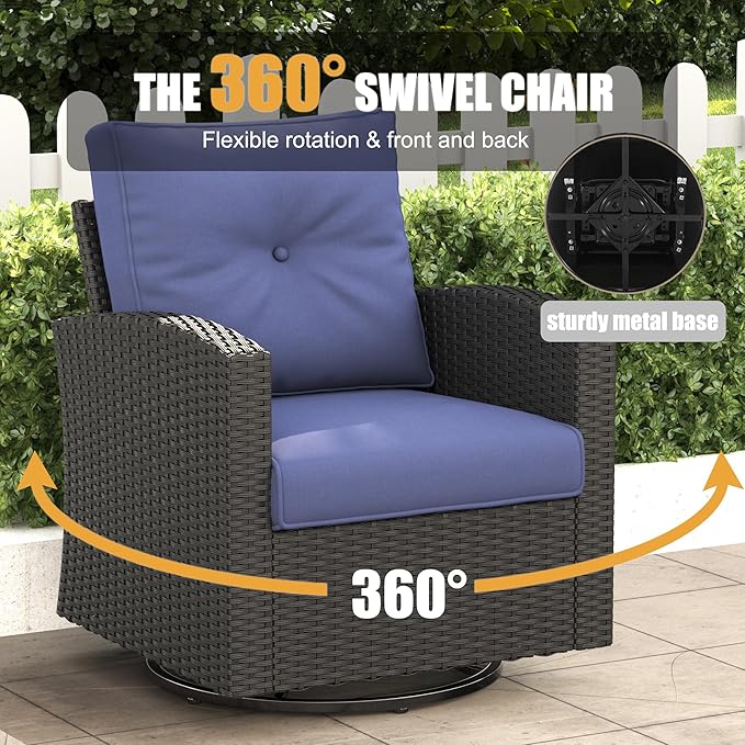 LayinSun 11 Pieces Patio Furniture Set with Fire Pit Table, Black Rattan Modular Sectional Outdoor Conversation Sofa Set, Swivel Rocking Chairs Set