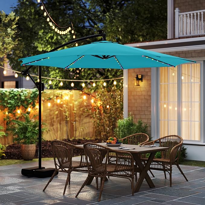 Tangkula 10 FT Solar Patio Umbrella with Base Included, Cantilever Offset Hanging Outdoor Umbrella with 96 Multi-Colored Flowing LED Lights, 9 Modes, Tilt Adjustment, 360° Rotation, Crank for Pool Yard Deck Lawn (Turquoise)