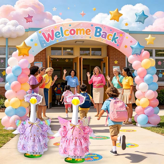 Pink Unicorn Porch Goose Outfits for 23 Inch Lawn Statue, Dress with Wings Hat Colorful Horn Set, Garden Party Birthday Outdoor Decoration, Costume for Plastic Cement Goose
