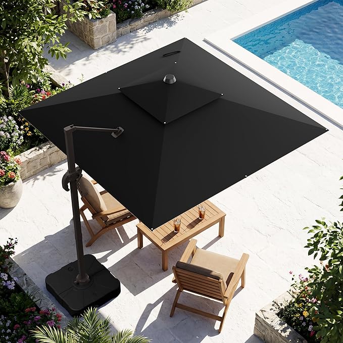 10x10FT Black Cantilever Outdoor Patio Umbrella with Base, Large Square Offset Design, Double Top Heavy Duty Aluminum Frame & 360° Rotation for Pool Garden Deck Backyard