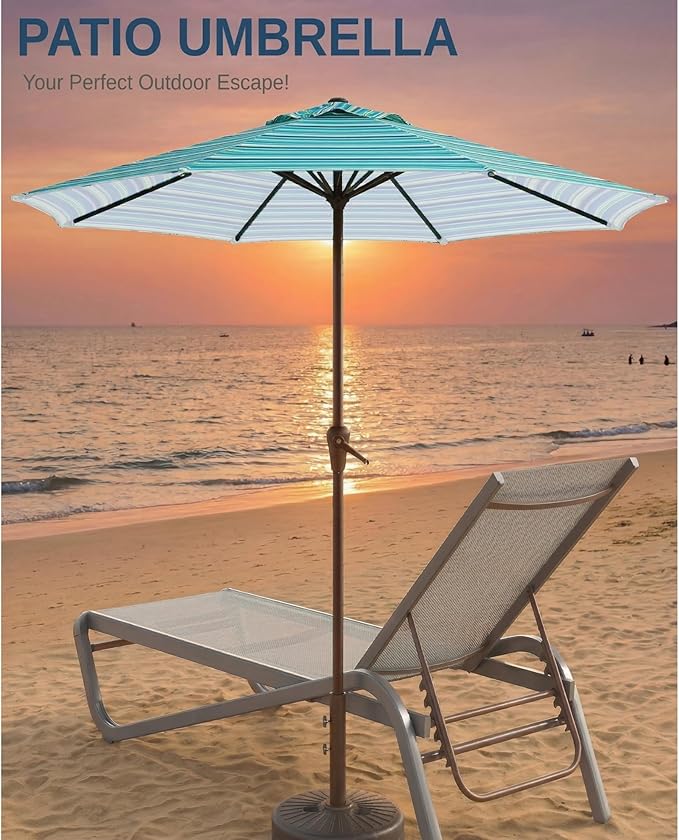 10FT Patio Umbrella, Outdoor Umbrella with Push Button Tilt and Crank, 8 Sturdy Ribs, UV Protection & Waterproof Market Umbrella for Pool, Backyard, Beach,Deck (Blue Green Stripes)
