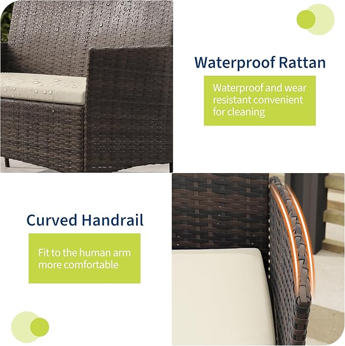4-Piece Outdoor Furniture Set, PE Rattan Wicker Chairs with Soft Cushions & Tempered Glass Coffee Table - All-Weather Patio Set for Garden, Backyard, Porch, Poolside (Brown/Beige)