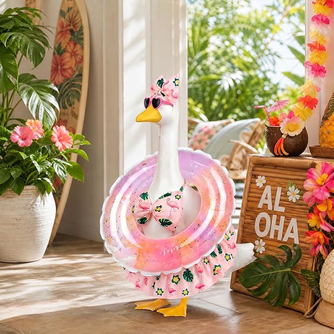 Hawaiian Porch Goose Outfits Summer, Flamingo Bikini Goose Outfit | Goose Costume with Sunglasses & Swim Ring Fits 17 23 Inch Cement Yard Plastic Statues, Outdoor Garden Patio Decor