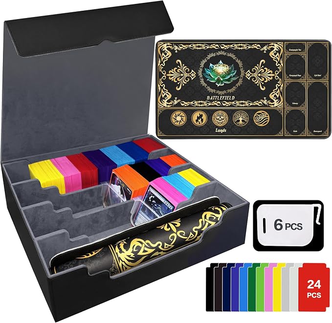 PROMAXIBINDER Trading Card Storage Box Fits 4000+ Cards, 4-Row MTG Commander Deck Case with Playmat, 6 Movable Partitions 24 Dividers PU Leather Magnetic Closure, Magic/TCG/YuGiOh/Sport (Black&Grey)