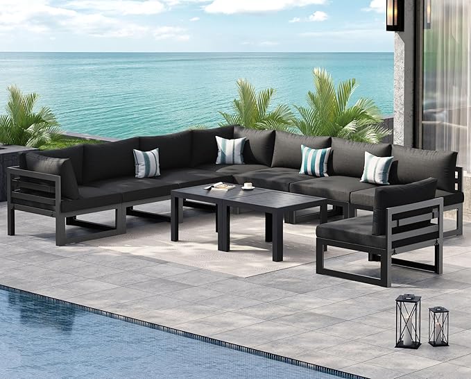 NICESOUL 8 Person Modern Aluminum Outdoor Patio Furniture Set, 29" Wide Deep Seating, All-Weather Anti-Rust L Shaped Modular Sectional Couch, Large Comfy Conversation Set for Backyard Lawn, Dark Gray